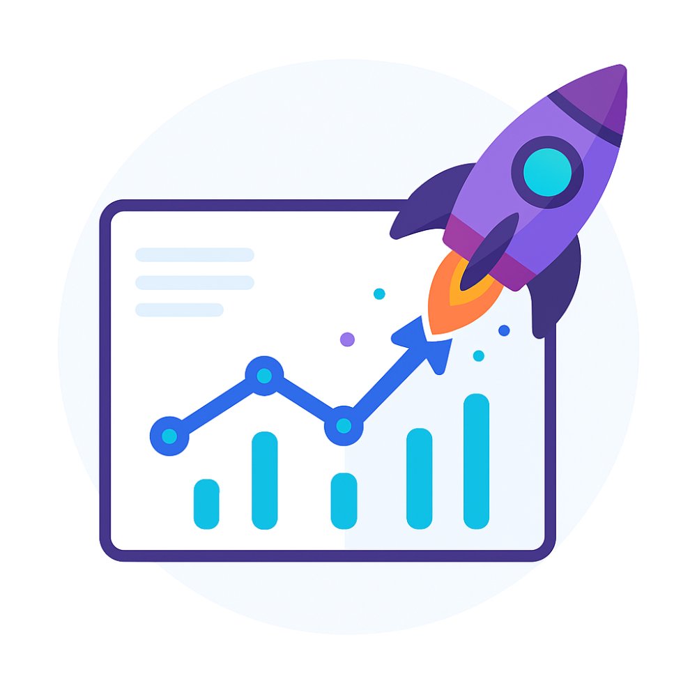 Rakéta és statisztika ikon, amely az AdsFusion marketingrendszerek növekedését szimbolizálja.